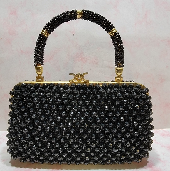 Marcus Brothers Black Beaded Structure Handbag Purse Made in Hong Kong - Picture 2 of 5